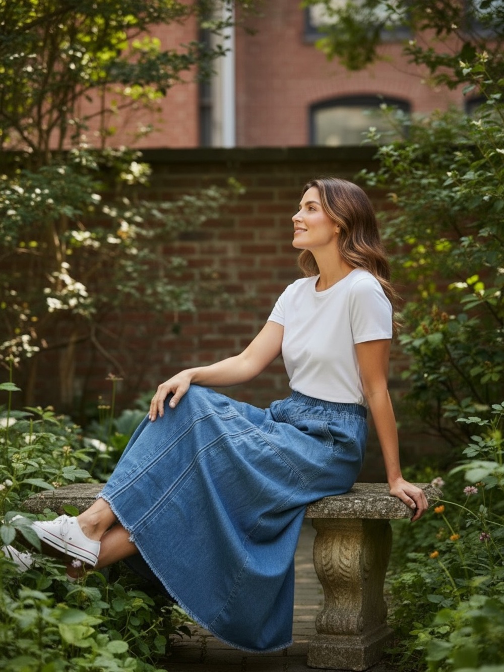 Denim Maxi Skirt with Elastic Waist - Blue - Picture 3 of 3